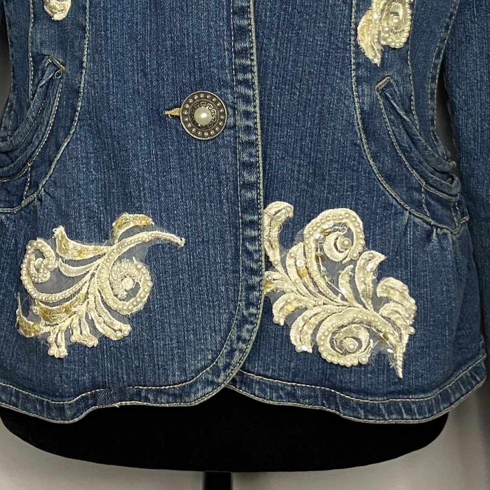 Upcycled Embellished Handstitched Bridal Vintage Lace Demin Jacket/Blazer S/M - Picture 4 of 14